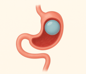 Ilustración médica del estómago con balón intragástrico como tratamiento para la pérdida de peso.