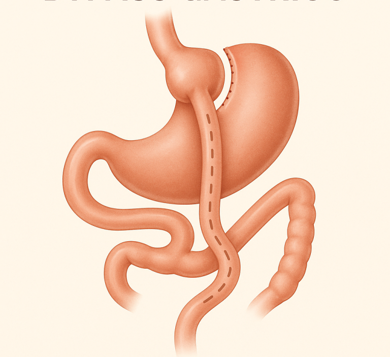 Ilustración médica del bypass gástrico, una cirugía bariátrica realizada por el Dr. Óscar Gómez en Medellín.